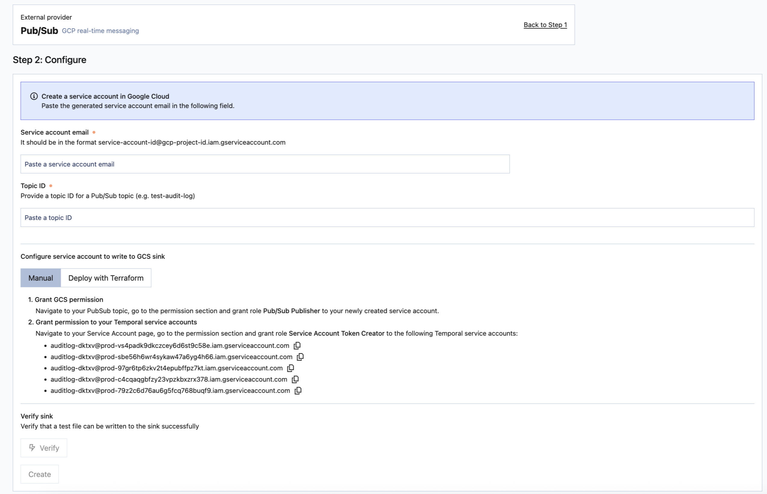 Temporal Cloud UI Setup for Audit Logs with GCP Pub/Sub