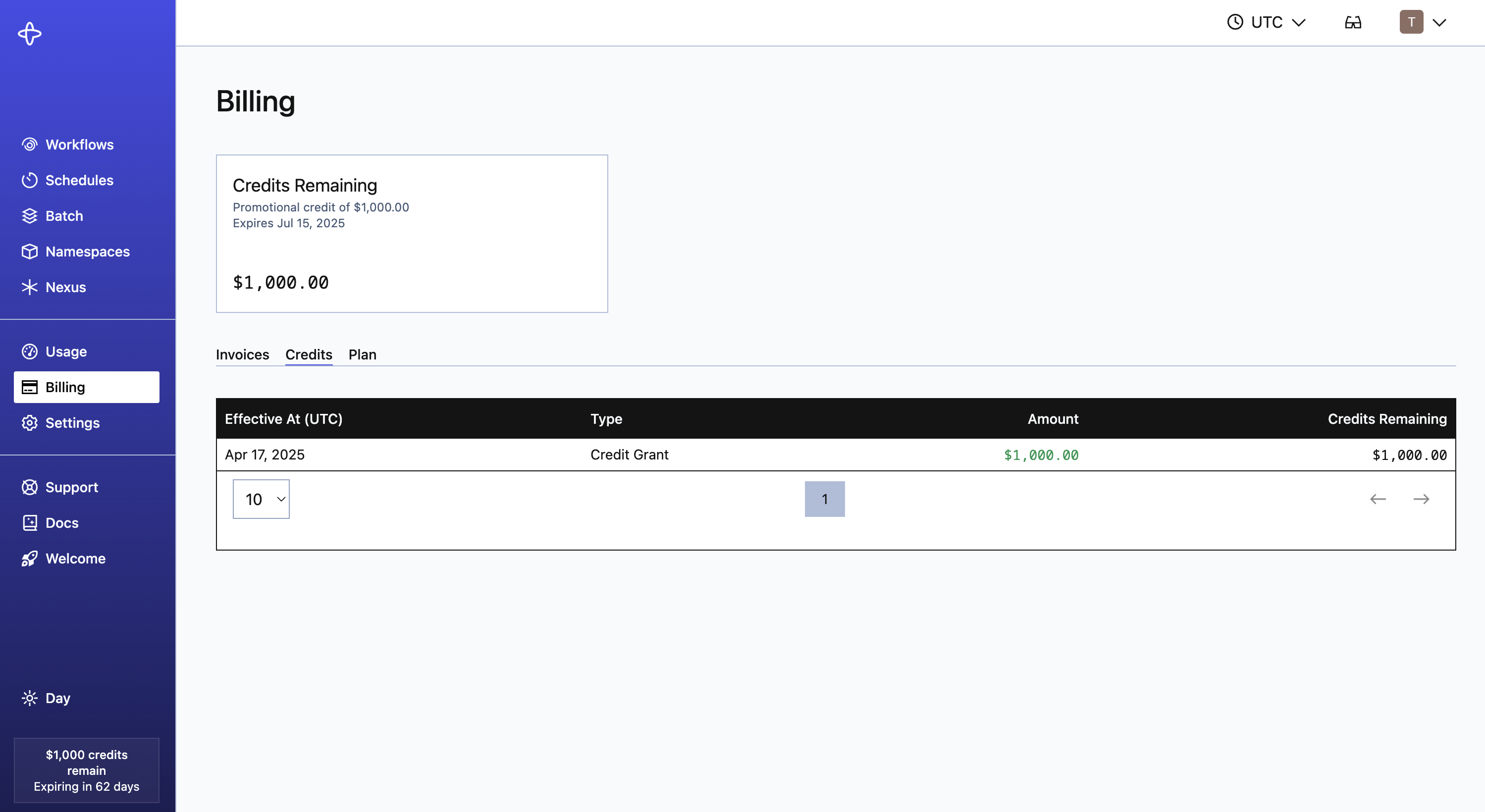 Billing page showing Credits tab
