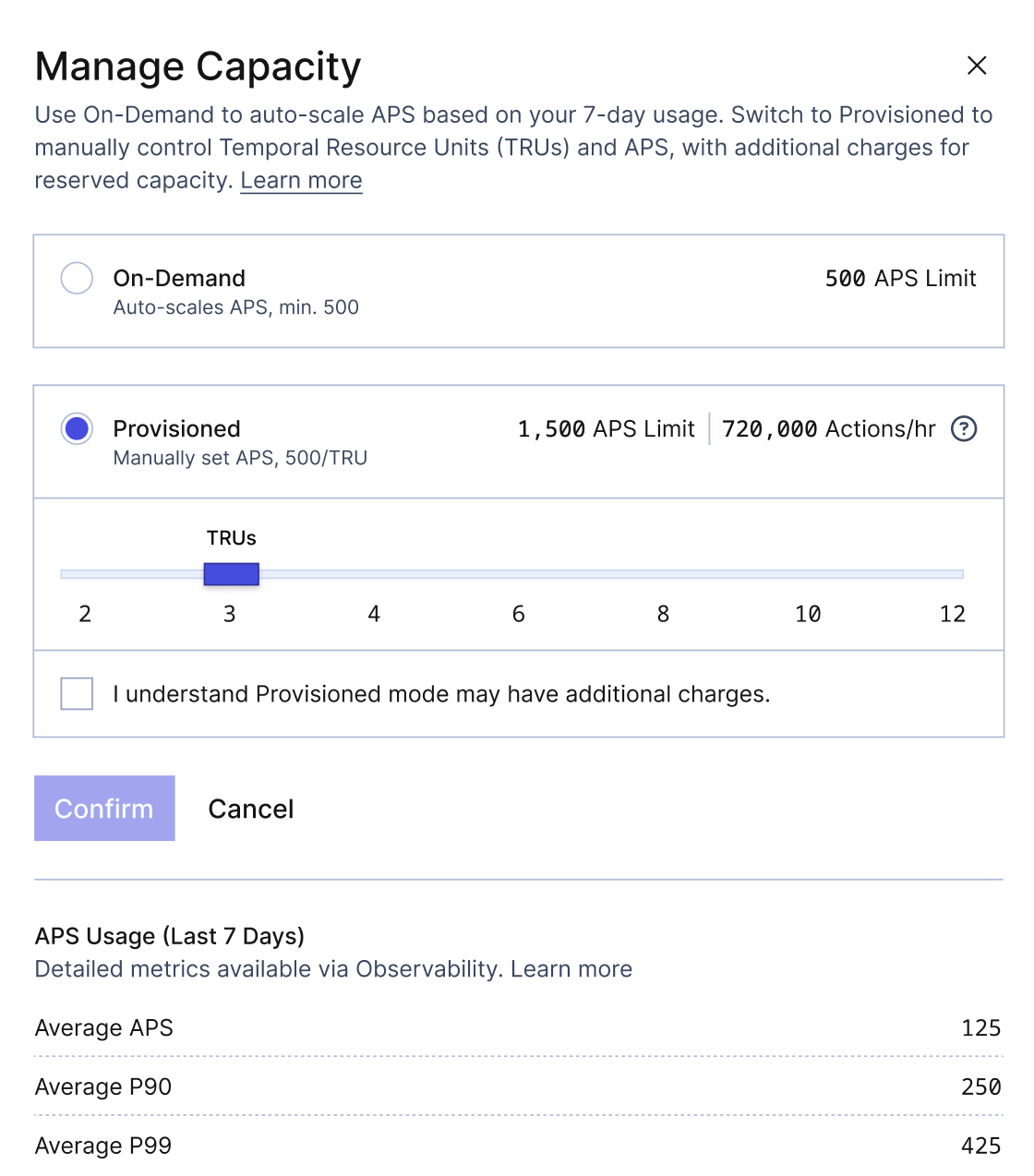 Manage Capacity panel in the Temporal UI