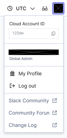 Temporal Cloud user profile dropdown menu. The dropdown includes a Cloud Account ID and copy button, with role, profile and logout options, and links to community resources.